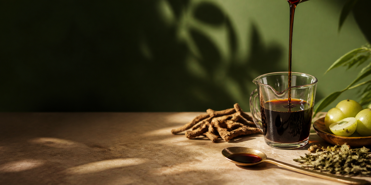 Amber botanical concentrate poured with Kutki root and amla